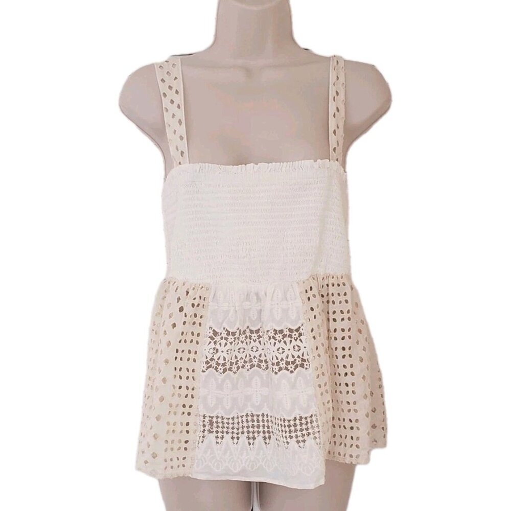 NEW BY ANTHROPOLOGIE WHITE IVORY EYELET BABYDOLL STYLE TOP TANK MEDIUM